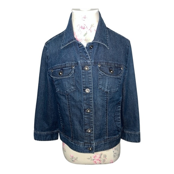 Chico’s Platinum Denim Jackets & Blazers - Indigo Blue Trucker Jean Jacket with Pointed Collar
